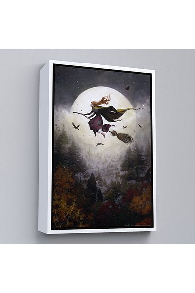 Harita Sepeti Vrăjitoare zburătoare cu mătură cu cadru alb, pictură murală Halloween Helloven