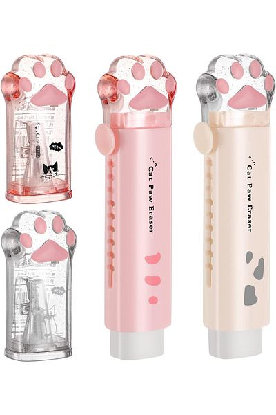 erorex 4 Pcs Cat Paw School Supplies Cat Paw Pencil Sharpener And Cat Paw Shaped Retractable Eraser Pencil
