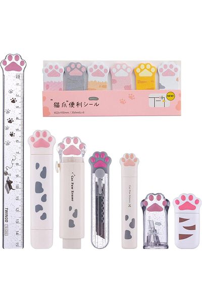 erorex 8 Pcs Cat Paw Stationery Set School Supplies Including Pencil Sharpener Retractable Eraser