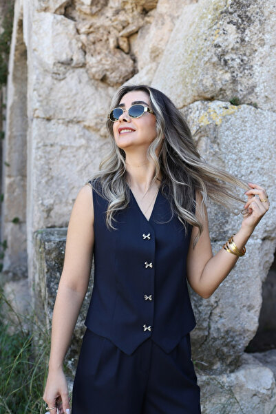 bytugcekaya Navy Blue Ribbon Detail Vest Suit