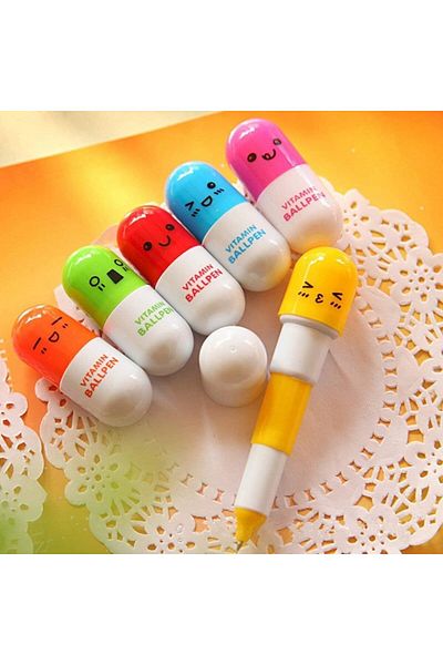 erorex Selling Wonderful 40Pcs Vitamin Pill Ballpoint Pen Cartoon Retractable Ball Pen Smiling Face Ball