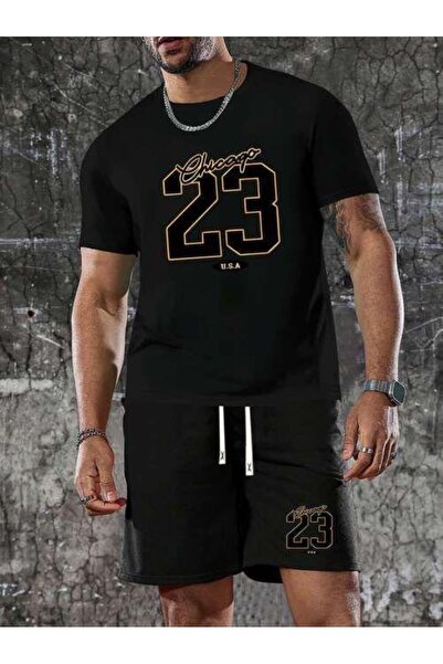 CAST COLLECTİON Erkek Siyah Baskılı Şort Thsirt  Takım