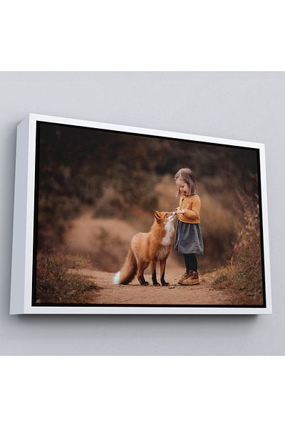 Harita Sepeti White Framed Little Girl and Fox Decorative Art Print