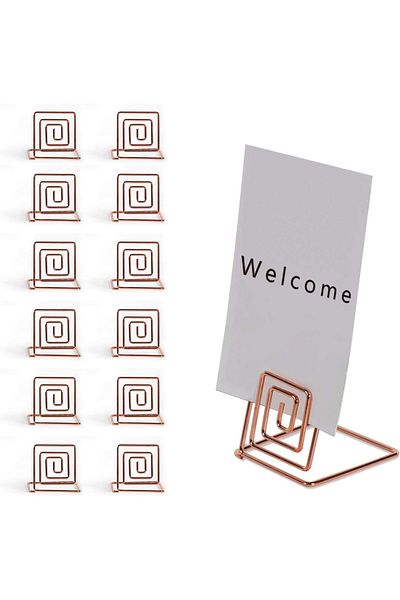 erorex 12Pcs Premium Place Card Holder Rose Gold Metal Wire Square Table Stand Number Holder Used For