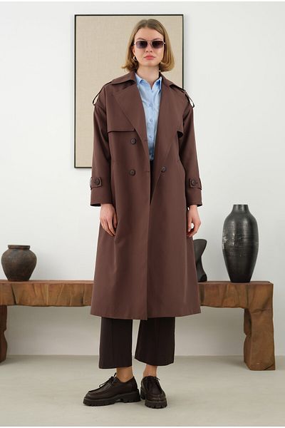 HEQA Long Classic Trench Coat and Bitter Brown