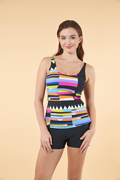 Estiva Geometric Patterned Tankini with Shorts - Black Color