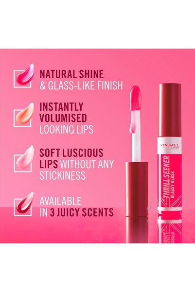 RIMMEL LONDON ملمع شفاه زجاجي من ثريل سيكر، تركيبة نباتية بنكهة التوت والتفاح 10 مل |   ملمعات الشفاه |   مكياج أحمر طويل الأمد وخفيف الوزن |   ملمعات الشفاه لون