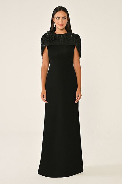 ALFABETA Alfa Beta Shoulder Flower Accessory Sequin Shawl Crepe Long Evening Dress