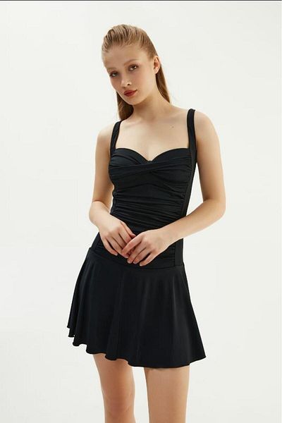 Paragon Black Dress Swimsuit with Adjustable Straps, Strut Covered, Stylish and Slimming Front Draped