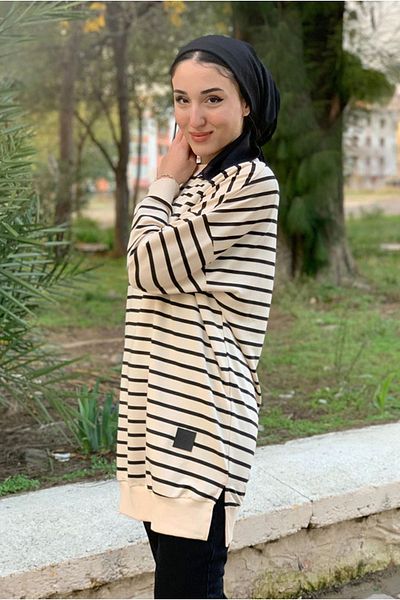 Moda Rosa 24K4197 - BLACK/BEIGE - LOW SLEEVE SWEAT WITH LINE