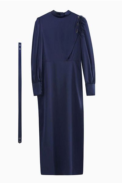 Moda Rosa 24k9285 - Navy Blue Draped Puane Evening Dress with Feather and Stone Detail