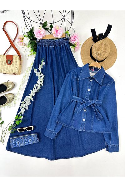 YEDİLALE Shirt Collar Denim Jacket Skirt Double Set [Aged]