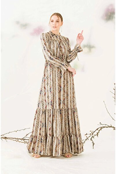 PHELDA Bağlama Ve Büzgü Detaylı Maxi Elbise 578-vizon