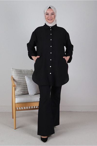 Moda Rosa 24Y2331 - BLACK - Large Size Hijab Linen Look Oversize Tunic