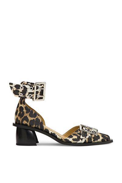 GANNI Leopard Patterned Buckle Open Cut Women's Heeled Shoes