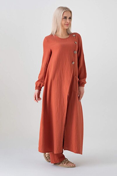 Fashion Showcase Muslin Fabric Button Detail Front Slit 100% Cotton Hijab Tunic - Tile