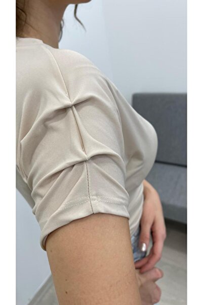 Nazline Γυναικεία κοντομάνικη πλισέ μπλούζα με λεπτομέρεια κοντή μπλούζα Sendy