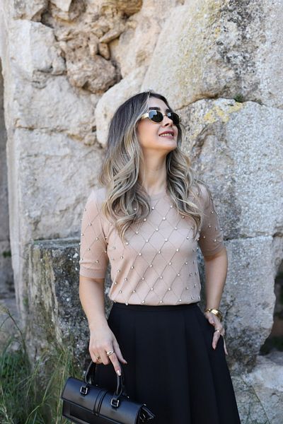 bytugcekaya Κοντομάνικη μπλούζα Camel Standard Size με πέτρες