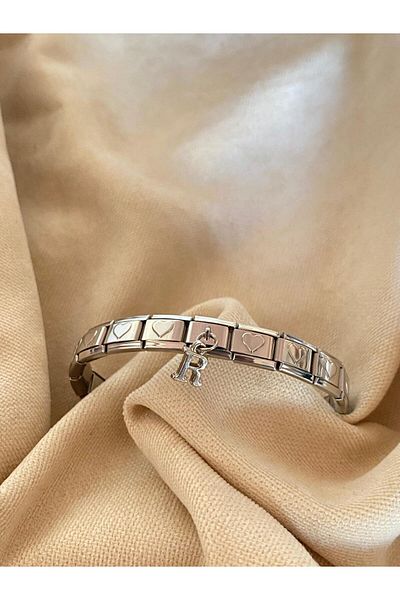 bijoux uniques Letter R with Heart Steel Italian Charm Bracelet