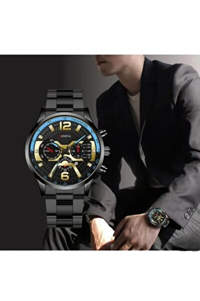 Shisa Geneva Erkekler için siyah paslanmaz çelik lüks saat(119)