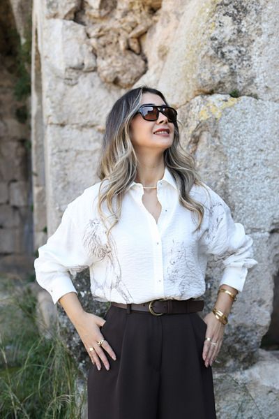 bytugcekaya Ecru Horse Figured Shiny Fabric Shirt