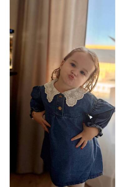 Teeny Weeny Kids Kız Çocuk Yaka Detaylı Denim Elbise