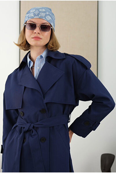 HEQA Uzun Klasik Trençkot Gece Mavi