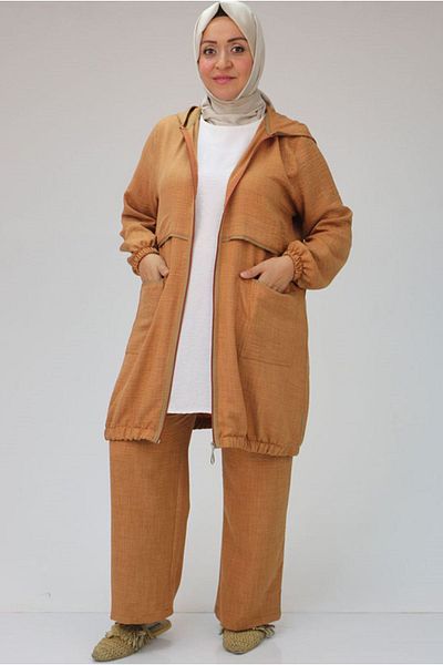 Moda Rosa 24y47050 - طقم مقاس كبير بني حليبي - بنطلون بتفاصيل الأنابيب