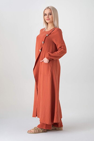 Fashion Showcase Muslin Fabric Button Detail Front Slit 100% Cotton Hijab Tunic - Tile