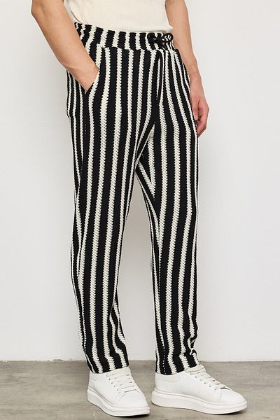 MADZEYMODA Παντελόνι άνοιξης για άνδρες, φαρδιά γραμμή, με ελαστική μέση σε εκρού-μαύρο χρώμα LS-22028