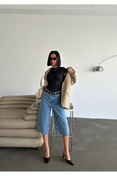 Diviny Γυναικείο μπλε χαλαρό σορτς με ψηλόμεσο κοψίμα