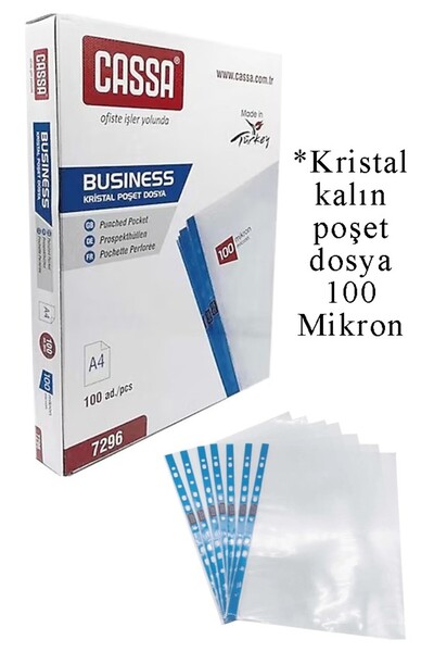 Artlantis Poşet Dosya A4 Kristal 100 Lü 1 Paket Cassa 7296 Kalın Poşet Dosya Föy Mavi Şeritli 100 Mikron Şeffa