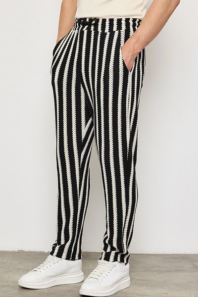 MADZEYMODA Παντελόνι άνοιξης για άνδρες, φαρδιά γραμμή, με ελαστική μέση σε εκρού-μαύρο χρώμα LS-22028
