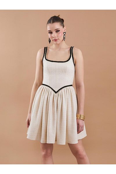 Juste Μίνι Φόρεμα με λουράκι Tweed Detail Beige