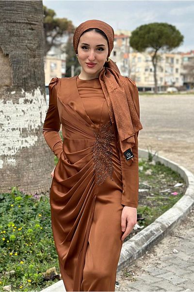 Moda Rosa 24Y9280 - COFFEE - DRAPELY STONE SATIN BIB Dress