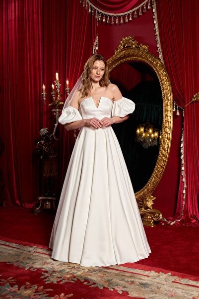 Lenta Wedding Beyaz V Yaka Balon Kollu Saten Maxi Boy Helen Gelinlik