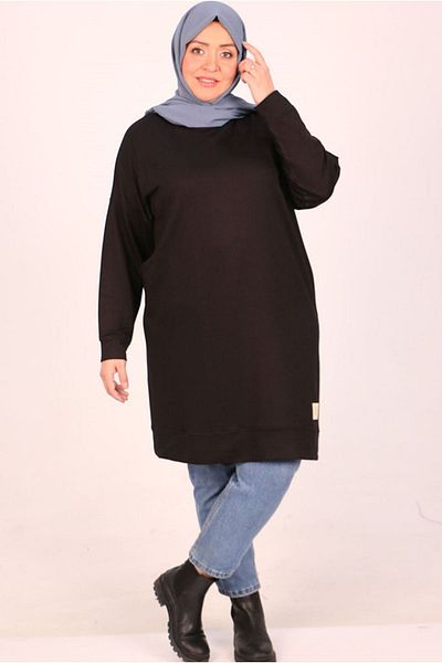 Moda Rosa 25K48010 - Black Large Size Crystal Two Thread Embroidered Tunic