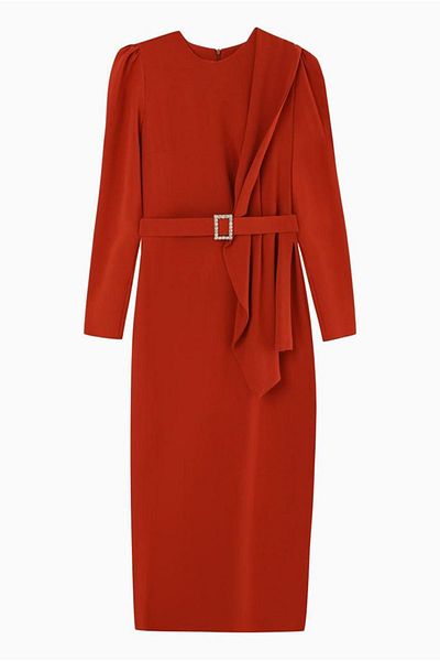 Moda Rosa 24K9275 - TILE - PUANE STONE BELTED CREP ABIYE DRESS
