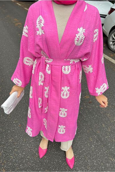 Moda Rosa 24Y5076 - PINK - ETHNICAL PATTERN EMBROIDERED CHEMONY