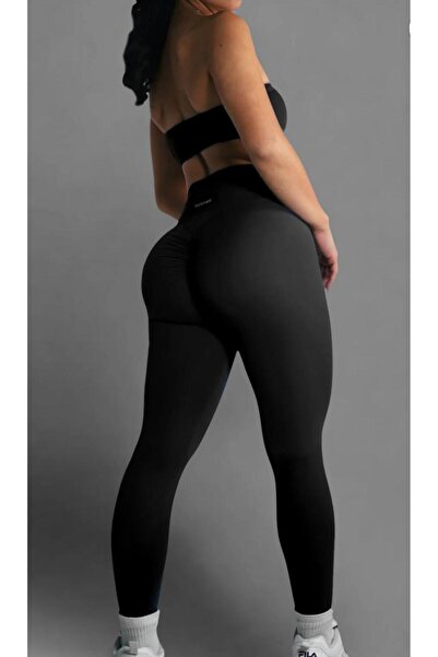 Meralles Kalçası Büzgülü Siyah Yüksel Bel Seamless Push Up Toparlayıcı Spor Tayt