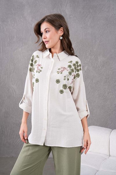 MVStore Women's Floral Print Embroidery Embroidered Linen Oversize Shirt and Pants