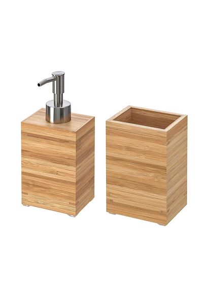 IKEA Σετ μπάνιου 2 τεμαχίων Ξύλινος διανομέας υγρού σαπουνιού + θήκη για βούρτσα Ikea 2 τεμαχίων σετ μπάνιου μπαμπού καφέ