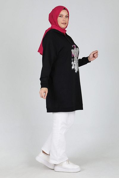 Moda Rosa 24K2033 - BLACK - Large Size Hijab Gilding Printed Sports Tunic