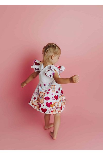 nannie White Dress for Girls with Teddy Bears - 1-2 years
