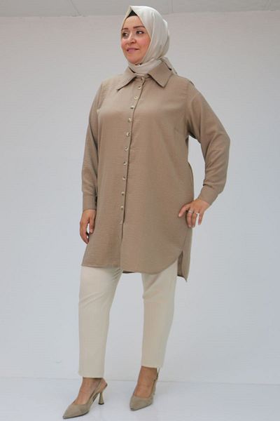 Moda Rosa 24Y38118 - Mink - Large Size Linen Airobin Shirt, Buttoned