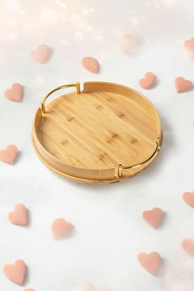 Senin Dükkanın Bamboo Oval Gold Handle Luxury Serving Tray - Presentation Tray 35 cm 1 Piece