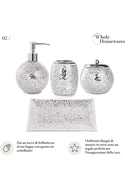 erorex 4 Pieces Mosaic Glass Bathroom Accessories Set Soap Dispenser Tray Soap Dish Silver