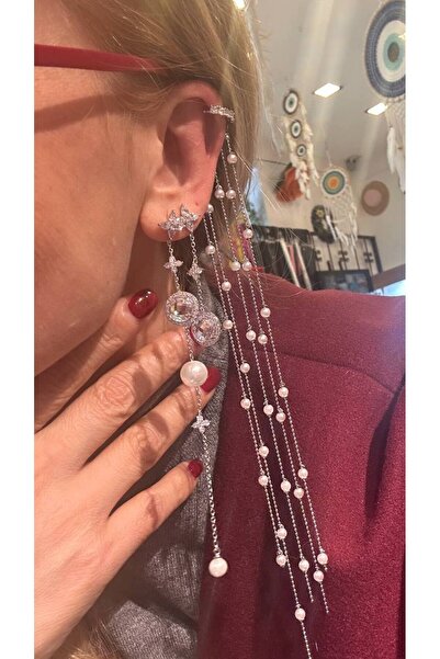 Esmeray Aksesuar Vip Çelik Gümüş Renk Zirkon Taşlı ve İnci Detaylı Sallantılı Ear Cuff Küpe Uzunluk 23 cm. (Bir Adet)