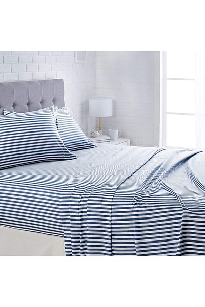 erorex Lightweight Super Soft Easy Care Microfiber Bed Sheet Set With 14” Deep Pockets Queen Navy Pinstripe