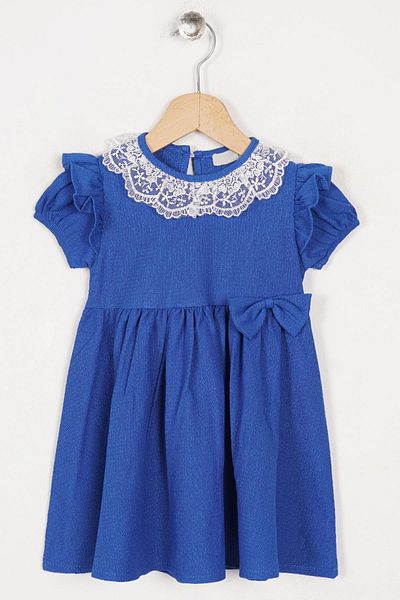 zepkids Square Collar Ruffle Sleeve Crew Neck Ribbon Detailed Lace Collar Saxe Color Girl's Dress